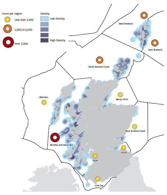 Harbour Seals in Scotland by 1km squares from surveys in August 2007-2009 (Sea Mammal Research Unit)