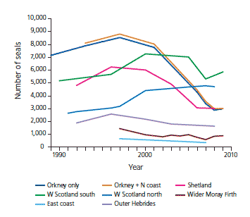 Numbers of harbour seals in Management Areas in Scotland