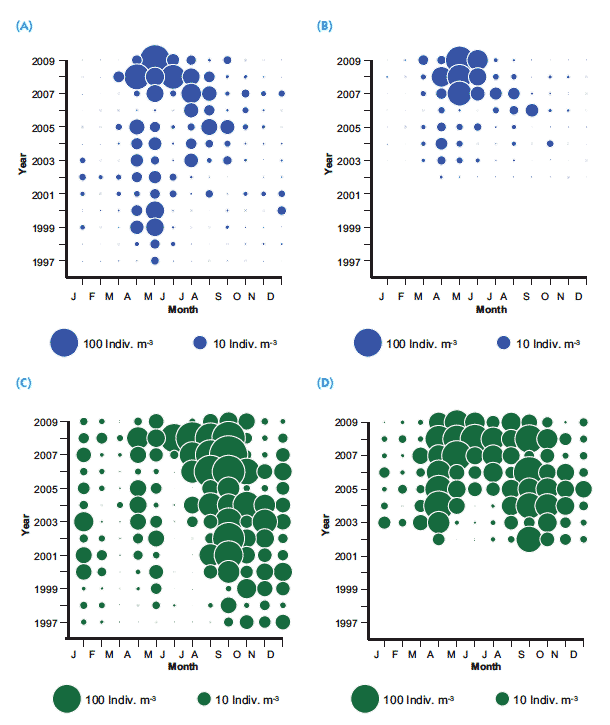Monthly averaged abundance (transformed (log+1) individuals m-3) of C. finmarchicus (in blue) on the east coast (CP2 region 1) and west coast (CP2 region 6) (A and B) respectively, and C. helgolandicus (in green) on the east coast (CP2 region 1) and 