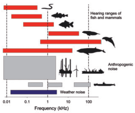 Range of frequencies of underwater noise