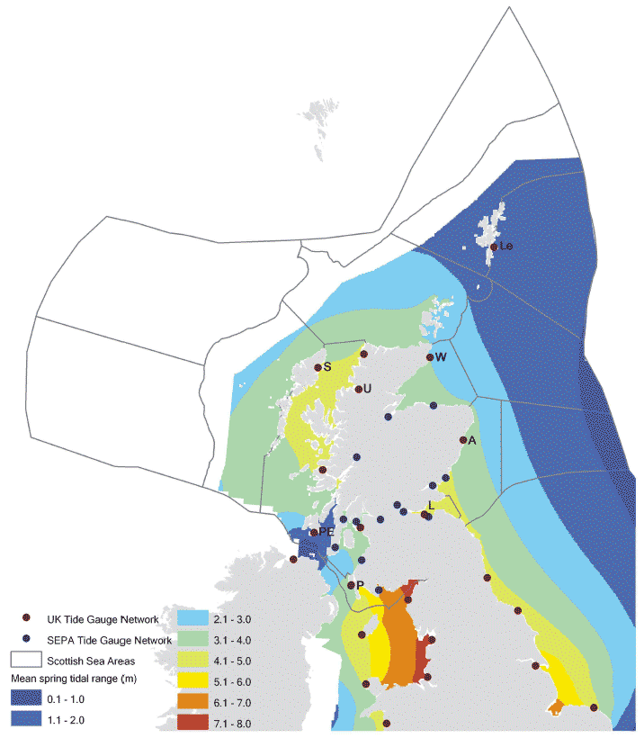 Tidal Gauge Networks in Scotland and mean spring tidal range (m)