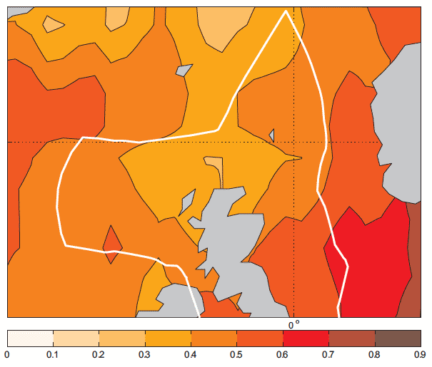 Twenty five year trend in sea surface temperature (°C per decade), calculated over the period 1985-2009.