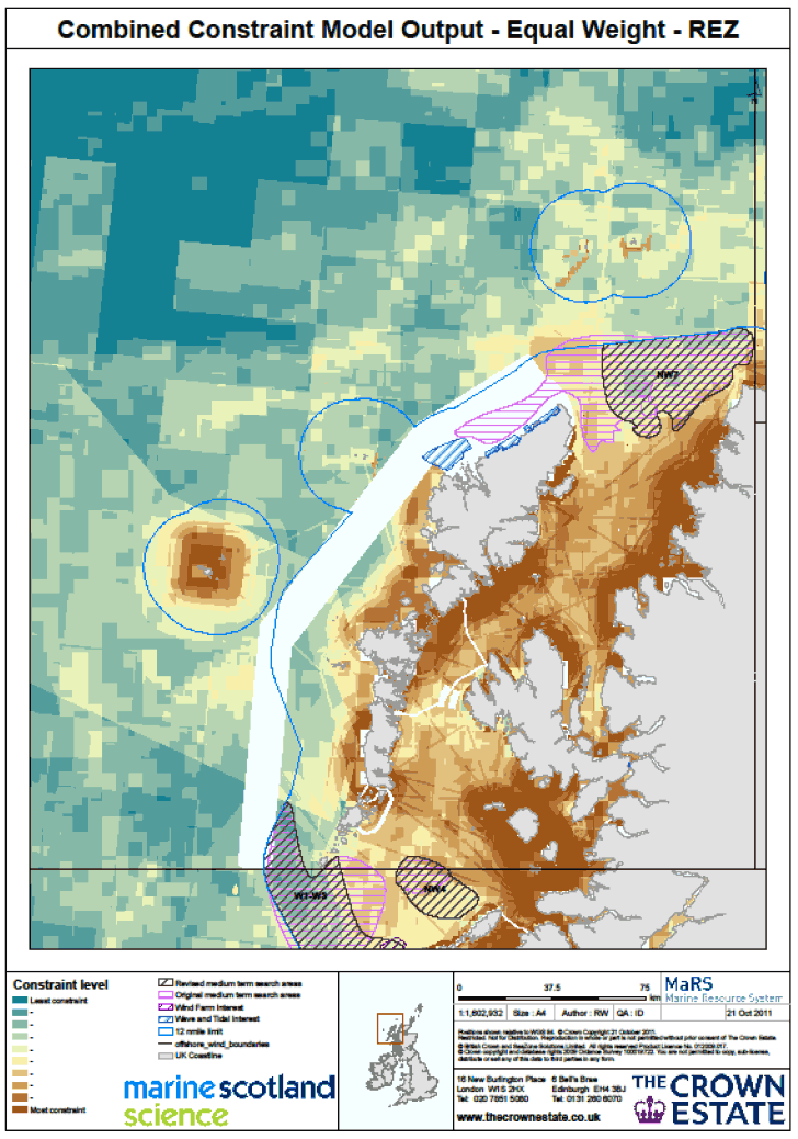 Figure 11 Proposed strategic search areas for offshore wind farms in Scottish Territorial Waters in the north west of Scotland. The proposed areas are outlined in red, the medium term sites from the 2010 Plan in black, and the 12 mile limit in blue.
