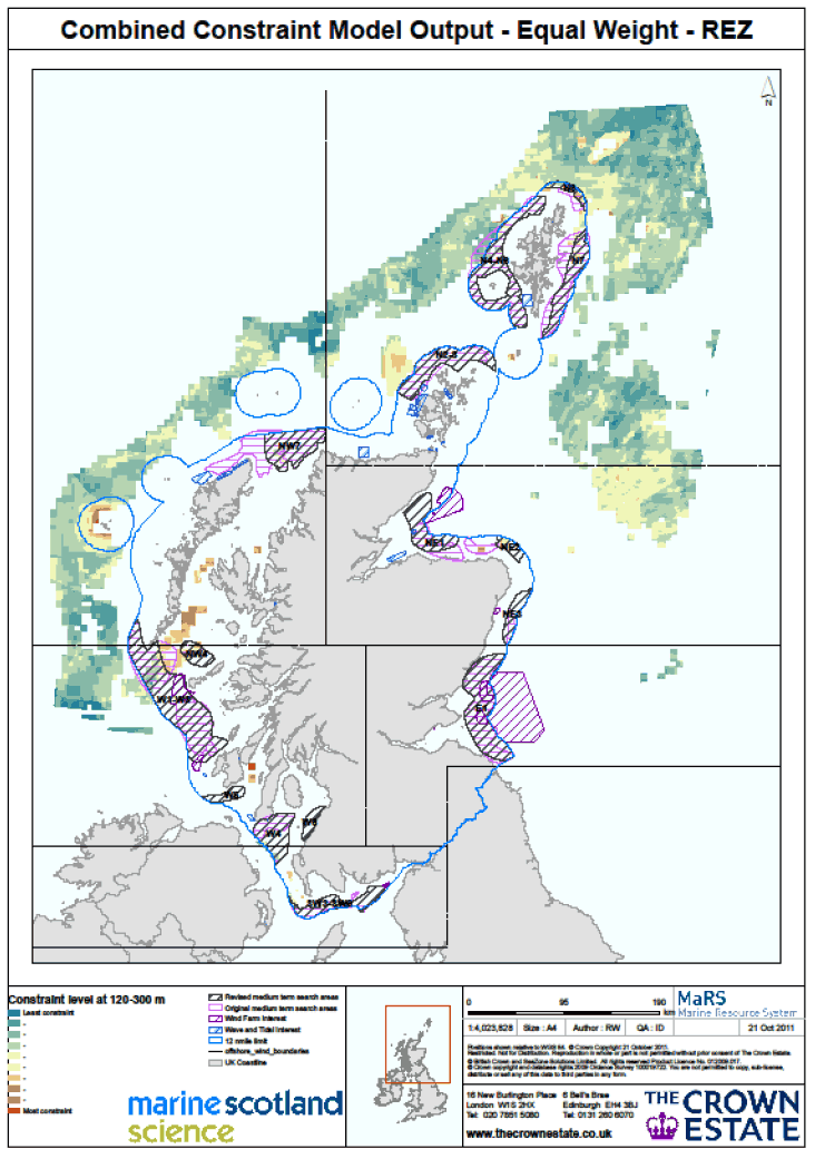 Figure 16 The Combined Restriction model, giving equal emphasis to the environmental, industry and heritage themes, showing proposed strategic areas in STW, existing STW and Round 3 offshore wind sites, the 12 mile limit (boundary to STW) and the rel