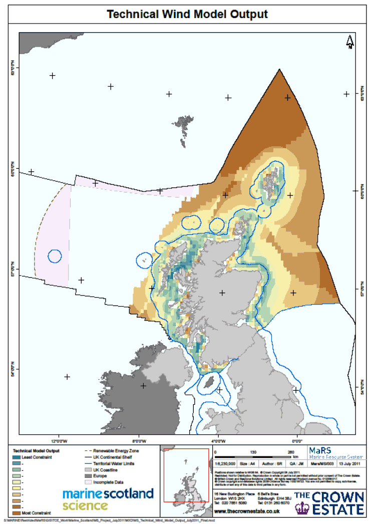 Figure 1 Output from the technical constraints model for offshore wind development in Scottish waters.