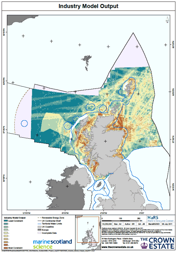 Figure 2 Output from the industry restriction model for offshore wind development in Scottish waters.