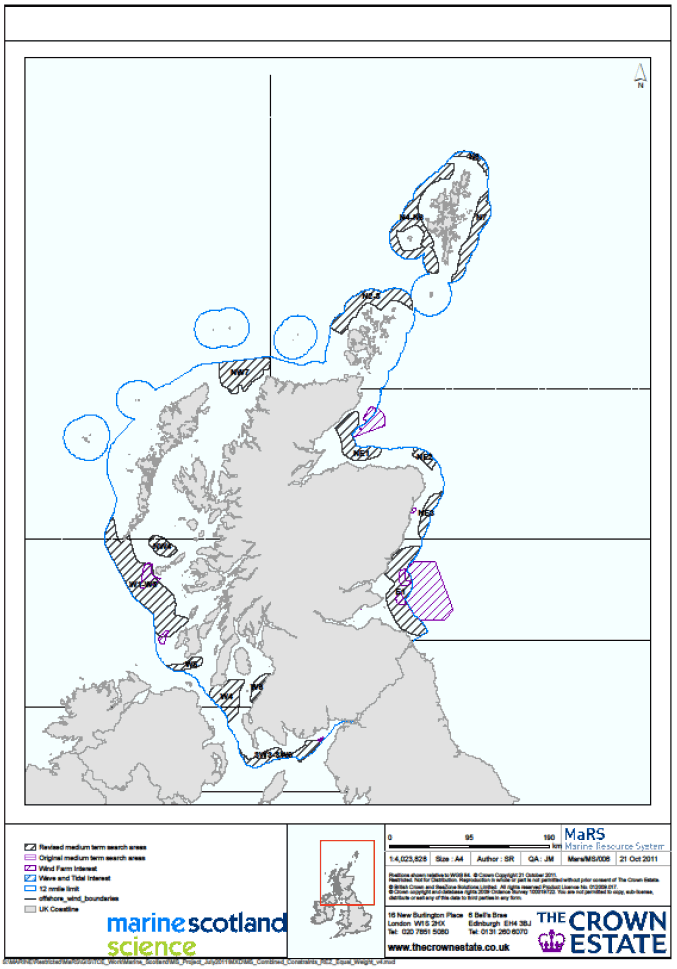 Figure S1 Offshore wind plan option areas identified within Scottish territorial waters, and offshore wind development areas currently within the Marine Scotland Marine Licence process.