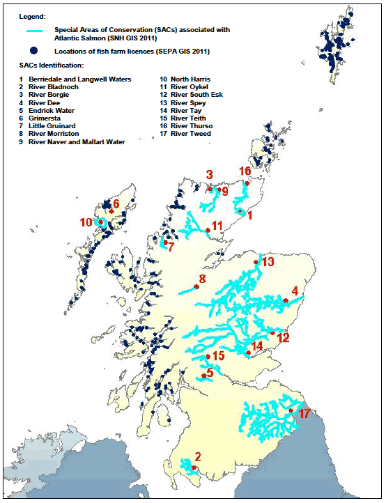 Figure 2: Locations of SACs designated for Atlantic Salmon and Locations of Fish Farm Licences in Scotland