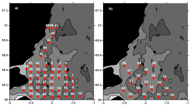 Figure 2: Bathymetric map of the study area with red dots indicating the position of a) zooplankton stations and b) demersal fishing stations.