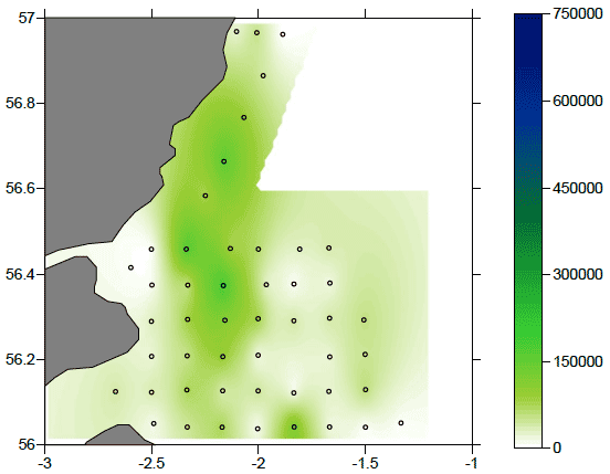 Figure 7: Map of the distribution of calanoid nauplii abundance in the study area in number of organisms m-2.