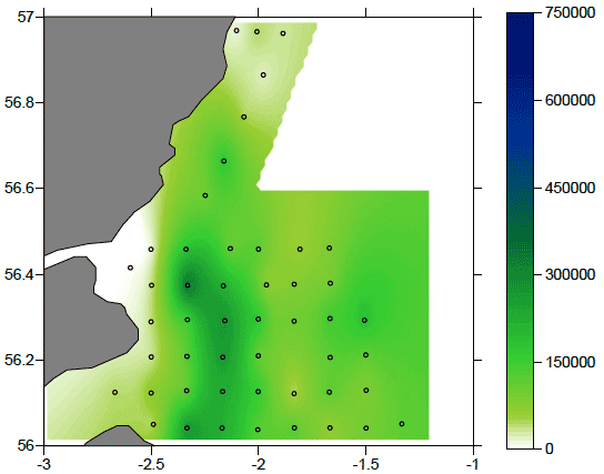 Figure 9: Map of the distribution of Oithona spp. CI-VI abundance in the study area in number of organisms m-2.