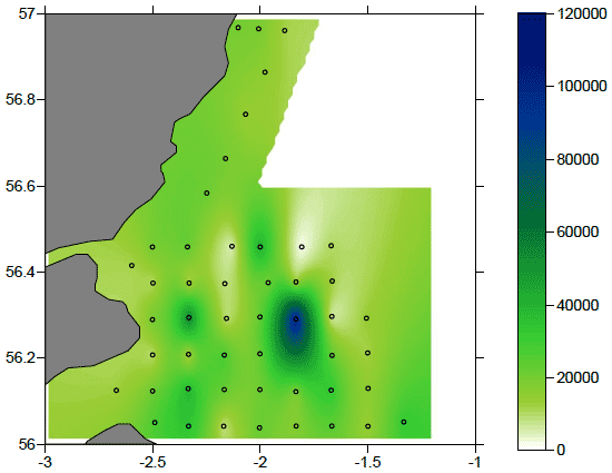 Figure 10: Map of the distribution of Appendicularia abundance in the study area in number of organisms m-2. Note the different scale.