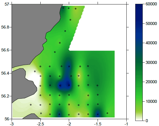 Figure 11: Map of the distribution of T. longicornis stages CIII-CIV abundance in the study area in number of organisms m-2. Note the different scale.