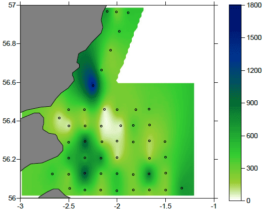 Figure 14: Map of the distribution of Decapod abundance in the study area in number of organisms m-2. Note the different scale.