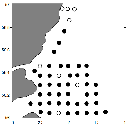 Figure 15: Presence (filed circles) or absence (empty circles) of fish eggs in the different stations analyzed in the study area.