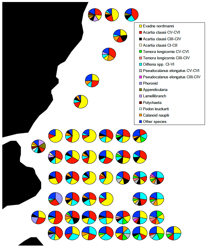 Figure 16: Geographical distribution of the relative taxonomic composition (species >5% of total abundance) on each zooplankton station in the study area.