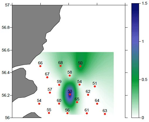 Figure 17: Map of the distribution of sandeel abundance in the study area in number of organisms m-2.. Note the different scale.