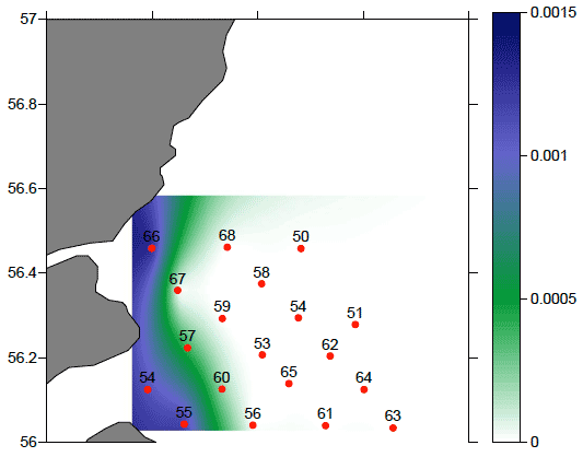 Figure 18: Map of the distribution of herring abundance in the study area in number of organisms m-2. Note the different scale.