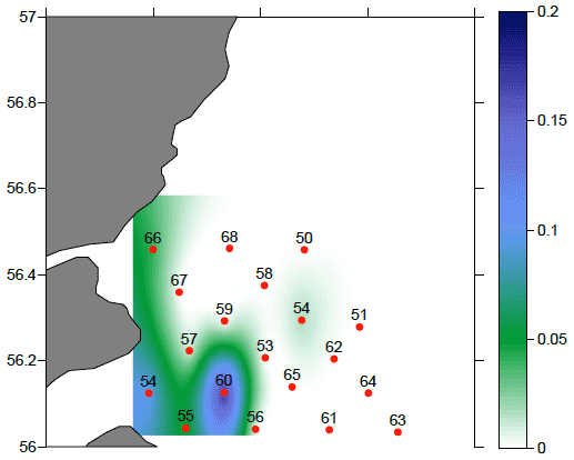 Figure 19: Map of the distribution of sprat abundance in the study area in number of organisms m-2. Note the different scale.