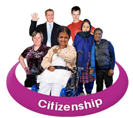 A group of people surrounded by a purple circle saying Citizenship