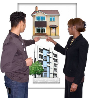 Man and a women pointing at a picture of a house