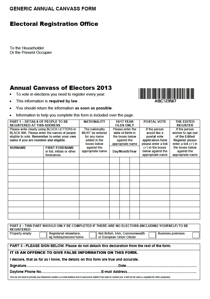 General Annual Canvass form