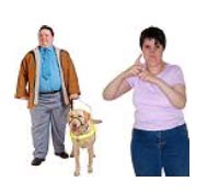 Man with dog and woman using sign language
