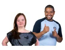 Woman with a man putting his thumbs up