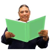 Woman holding up a book