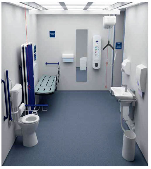 An example of a layout with essential equipment of a Changing Places toilet