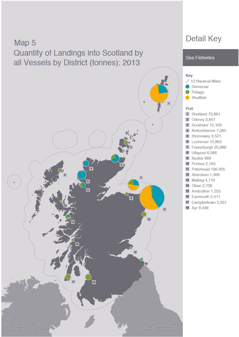 Map 5 Quantity of Landings into Scotland by all Vessels by District (tonnes): 2013