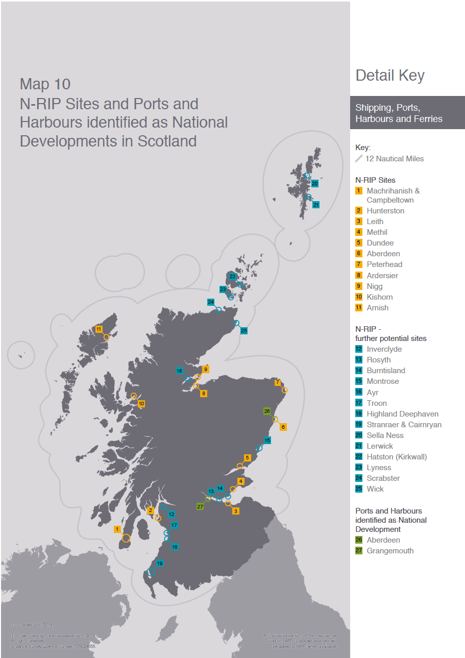 Map 10 NRIP Sites and Ports and Harbours identified as National Developments in Scotland