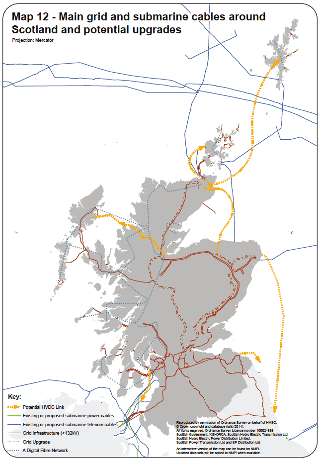 Map 12 - Main grid and submarine cables around Scotland and potential upgrades
