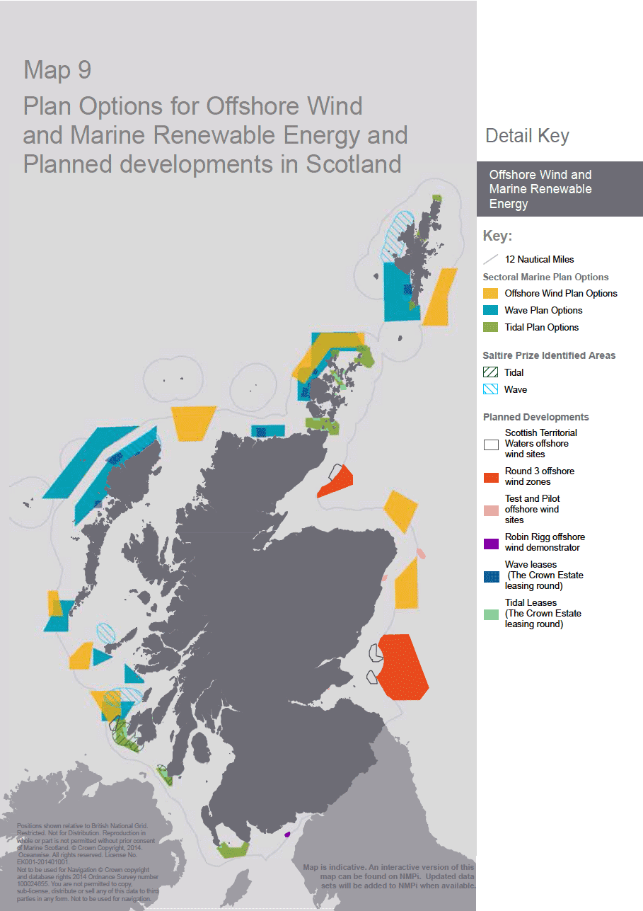 Map 9 Plan Options for Offshore Wind and Marine Renewable Energy and Planned developments in Scotland