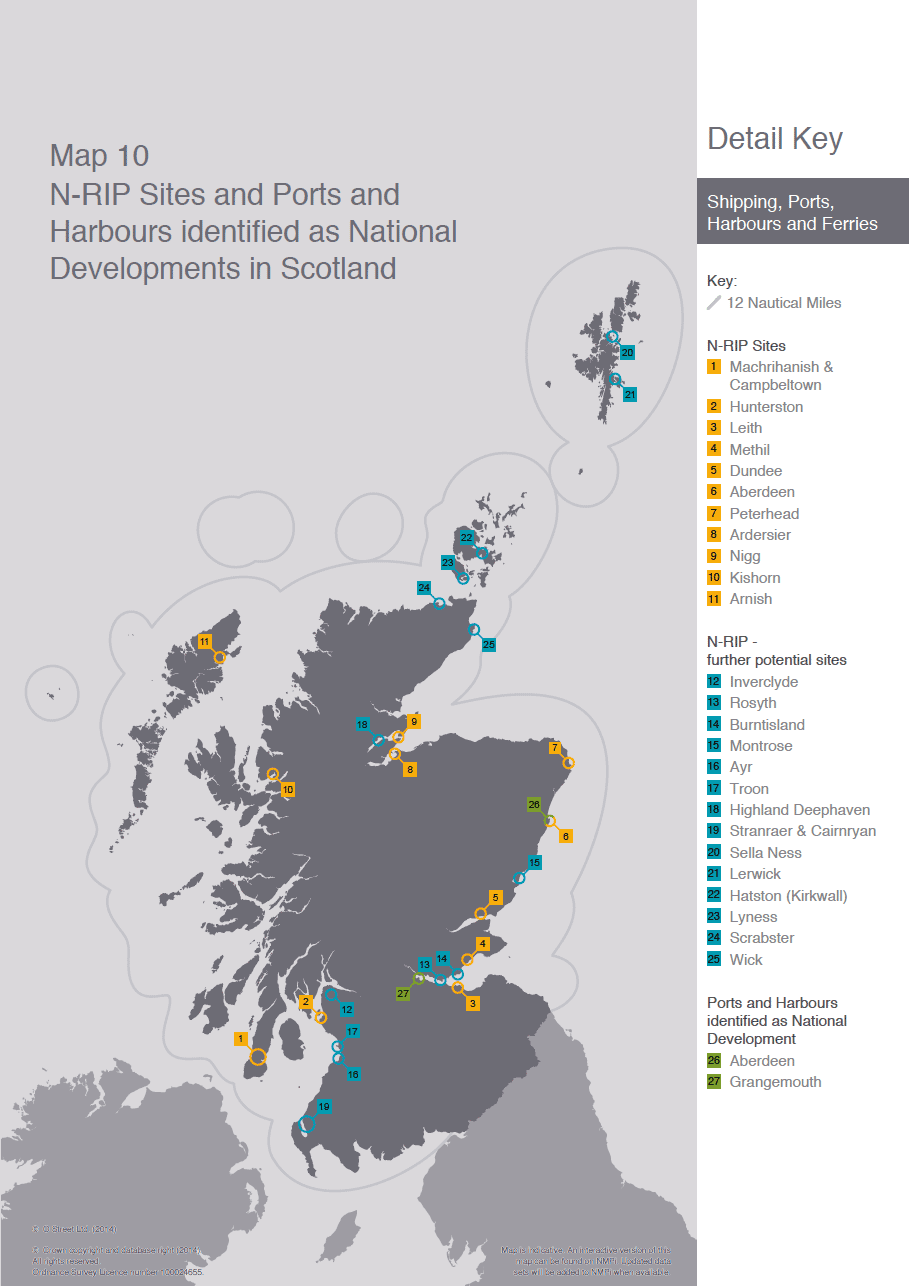 Map 10 N-RIP Sites and Ports and Harbours identified as National Developments in Scotland