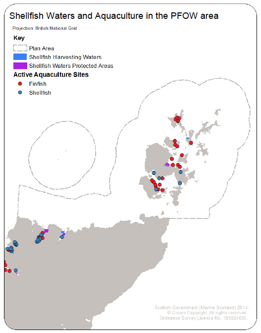 Figure 7.14 Location of Shellfish Waters and Active Aquaculture Sites in the PFOW Area