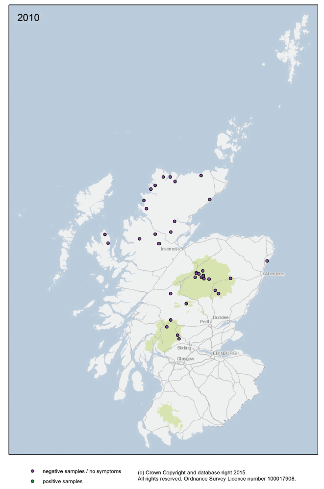 SEARS survey for Phytophthora in heathland/wider environment locations by year 2010