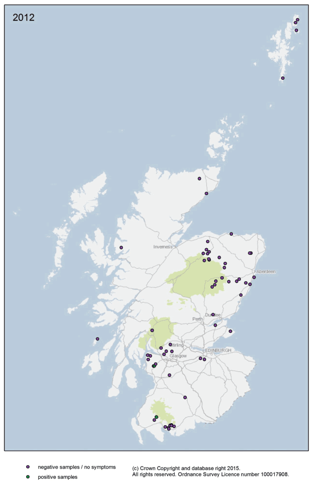 SEARS survey for Phytophthora in heathland/wider environment locations by year 2012