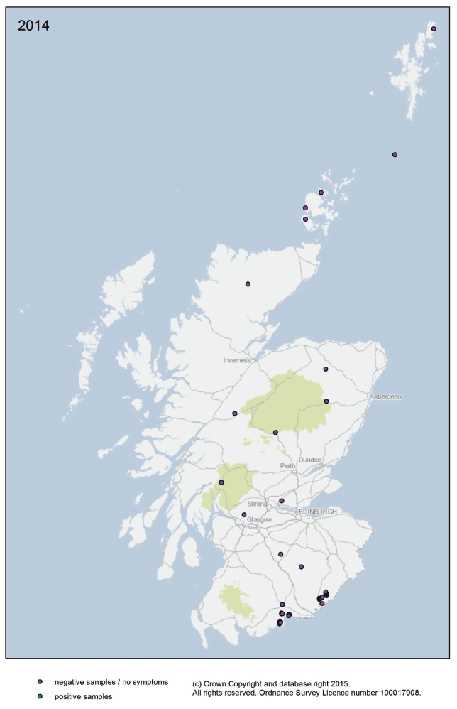 SEARS survey for Phytophthora in heathland/wider environment locations by year 2014