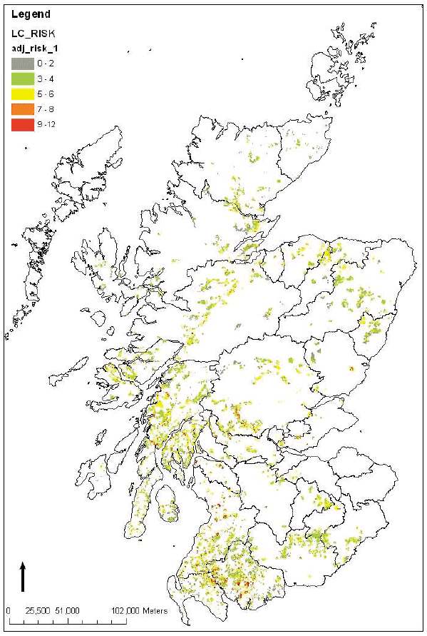 Larch: Fragments in grey have low risk of Phytophthora infection whilst fragments in green to red have medium to high risk of Phytophthora infection