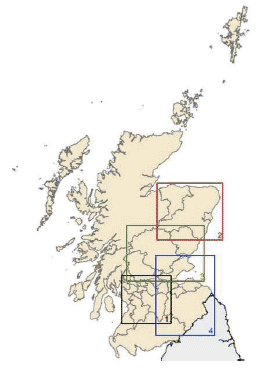 Figure 16 – Regional NMF areas. 1 = Aberdeen City and Shire, 2 = Tay Plan, 3 = Glasgow and Clyde Valley, 4 = SES Plan