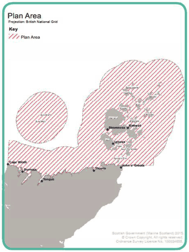 Map 1: Geographic coverage of the pilot Pentland Firth and Orkney Waters marine spatial plan. This area combines the two Scottish Marine Regions of Orkney and the North Coast