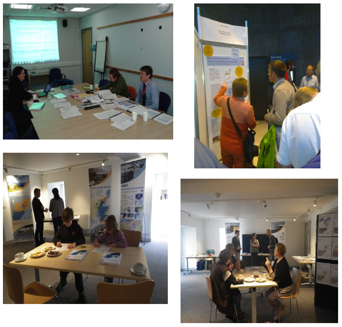 Photographs of PFOW Marine Spatial Planning in action: Clockwise from top left: Working group, Reaching out to international audiences in Reykjavik, Engaging audiences of all ages in Stromness.