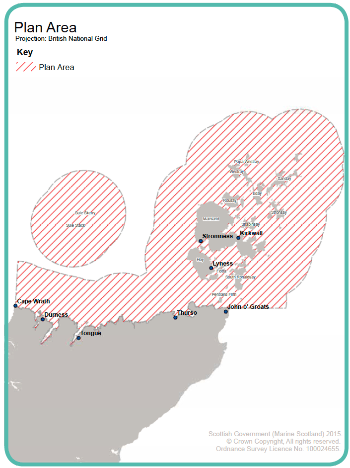 Map 1: Geographic coverage of the pilot Pentland Firth and Orkney Waters Marine Spatial Plan. The area combines the Scottish Marine Regions of Orkney and the North Coast.