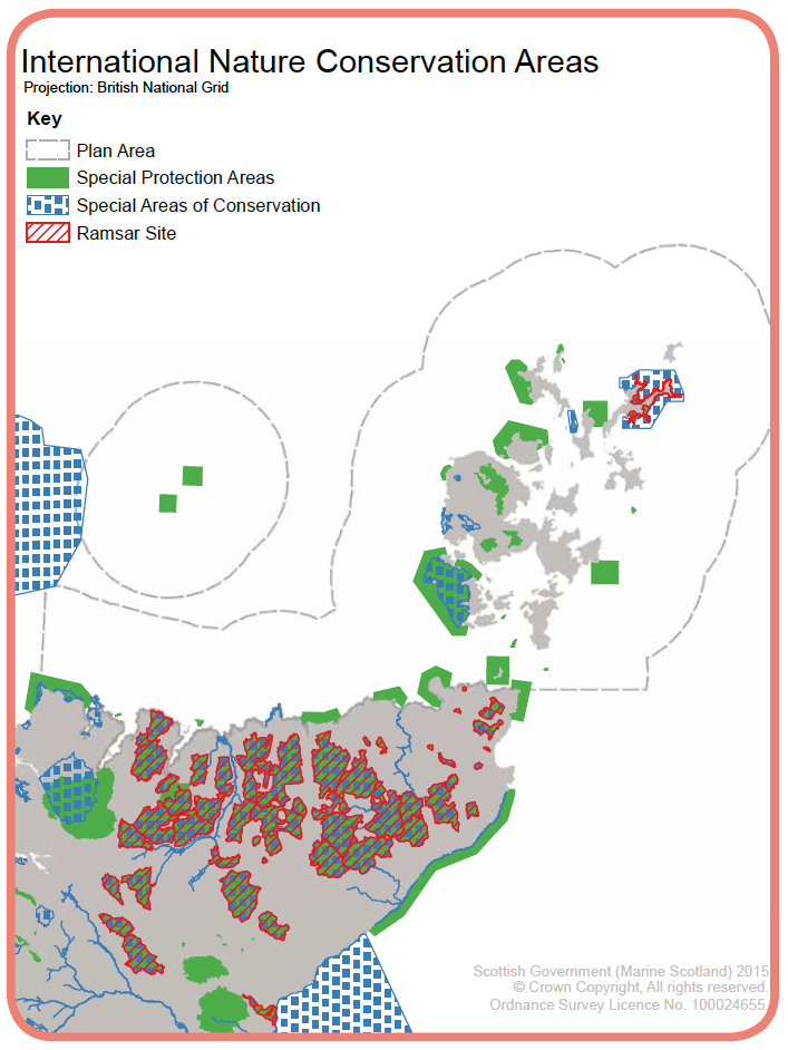 Map 2: Nature conservation areas established under international legislation in the Pentland Firth and Orkney Waters area including Special Protection Areas, Special Areas of Conservation and Ramsar sites.
