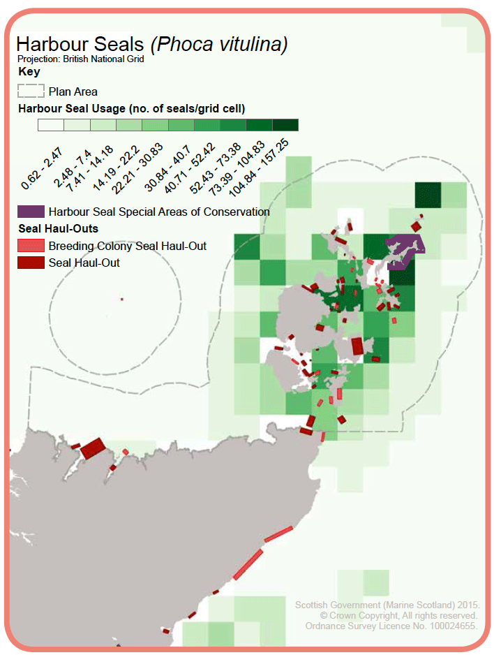 Map 5: Harbour seal ‘usage’ and haul-out sites. Harbour seal ‘usage’ has been calculated by scaling the patterns recorded by electronically-tagged seals to the population level. Population levels have been calculated by aerial survey at seal haul-out sites. Data calculated by the Sea Mammal Research Unit.