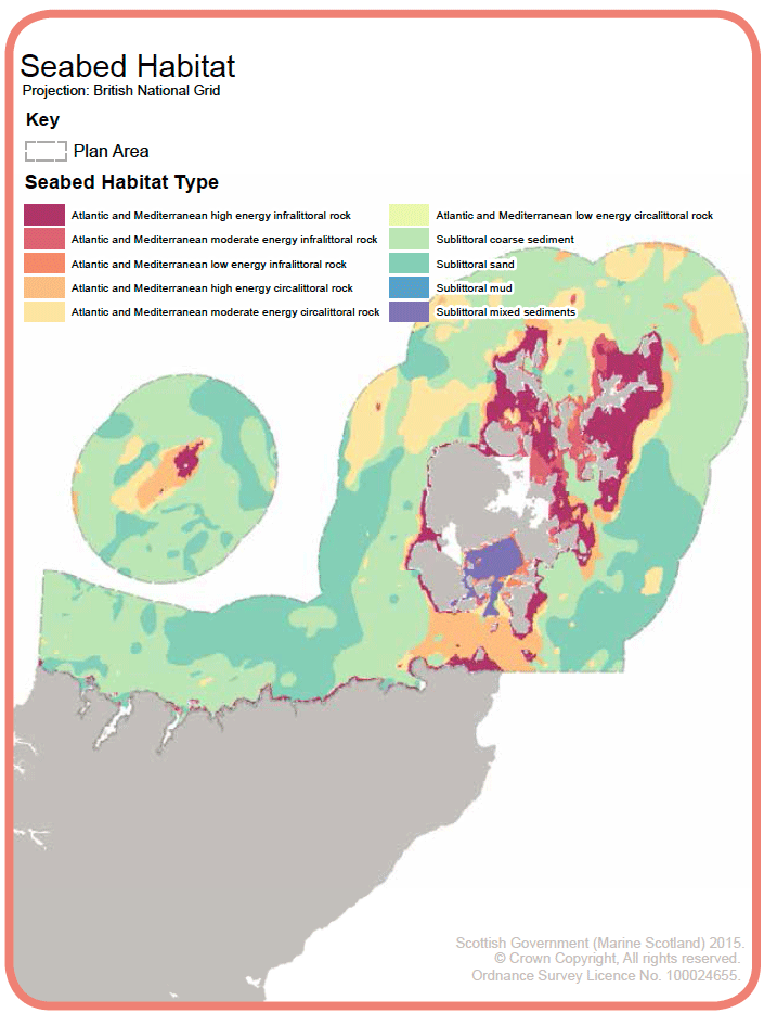 Map 8: Seabed habitat in the Pentland Firth and Orkney Waters Plan area. Seabed habitats are classified according to the European Nature Information System (EUNIS) habitat classification system.