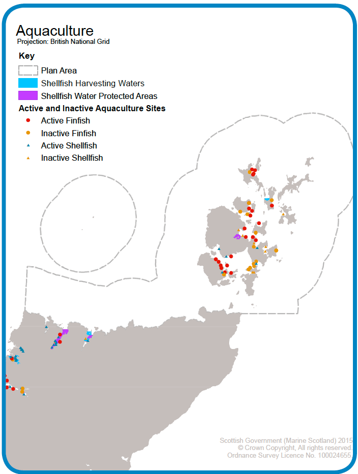Map 15: Active finfish and shellfish aquaculture sites and shellfish water designations in the Pentland Firth and Orkney Waters Plan area. ‘Active’ in accordance with the Marine Scotland Fish Health Inspectorate definition relates to the status of a site that is stocked or fallow with the intention of restocking in the foreseeable future.