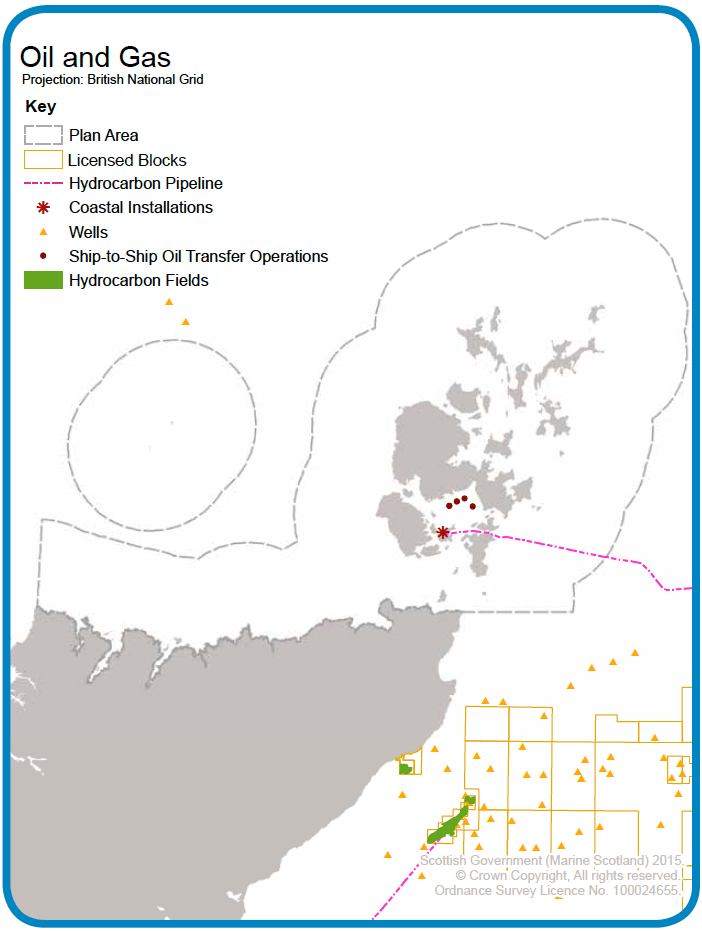 Map 16: Oil and gas infrastructure and activity in the Pentland Firth and Orkney Waters area.