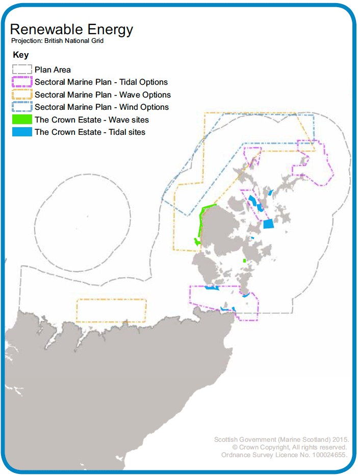 Map 17: Leased Crown Estate sites for marine renewable activities and draft Plan Options for renewable developments as suggested in Marine Scotland’s Sectoral Marine Plan.